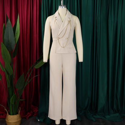 CMYAYA Elegant Womenv-neck High Waist Straight Sleeveless Blazer Jumpsuits 2024 Fall Street Chain Office Lady Party Rompers