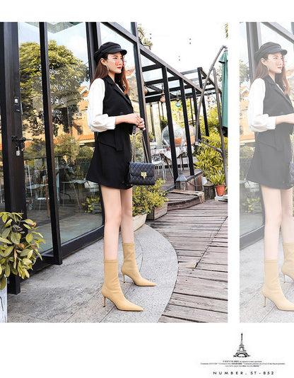 BIGTREE Shoes Stiletto Sexy Elastic Boots Women Shoes Sexy Stretch Fabric Ankle Boots Pointed Tip High Heels Boots Plus Size 43