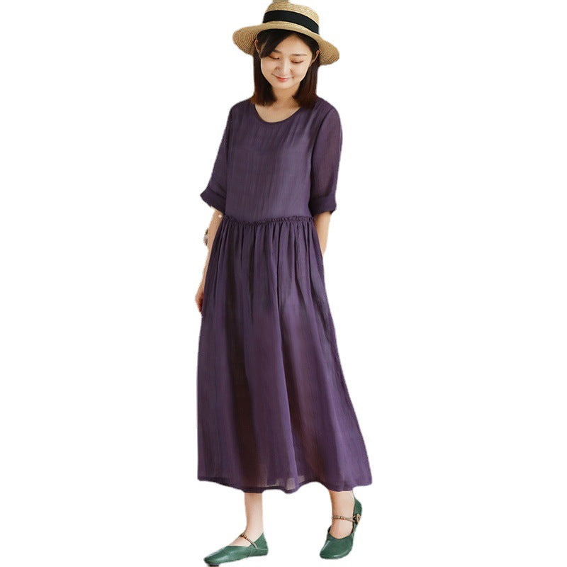 2023 New Summer Cotton Linen dress Women's High Waist Slimming Artistic Loose Retro Seven-Sleeve Round Neck Dress