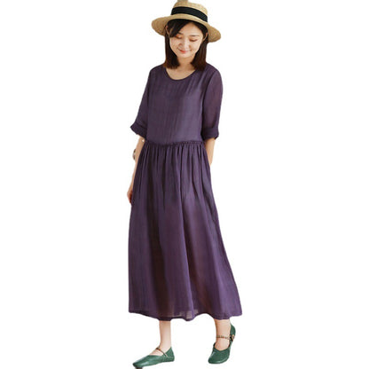 2023 New Summer Cotton Linen dress Women's High Waist Slimming Artistic Loose Retro Seven-Sleeve Round Neck Dress