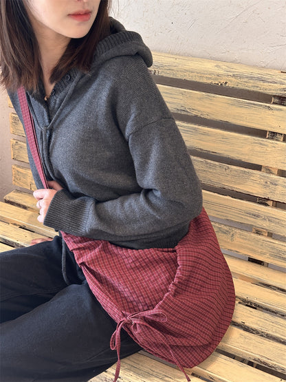 Retro Plaid Hobos Messenger Bags for Women Drawstring Pocket Nylon Dumpling Bag Large Capacity Portable Travel Shoulder Bags