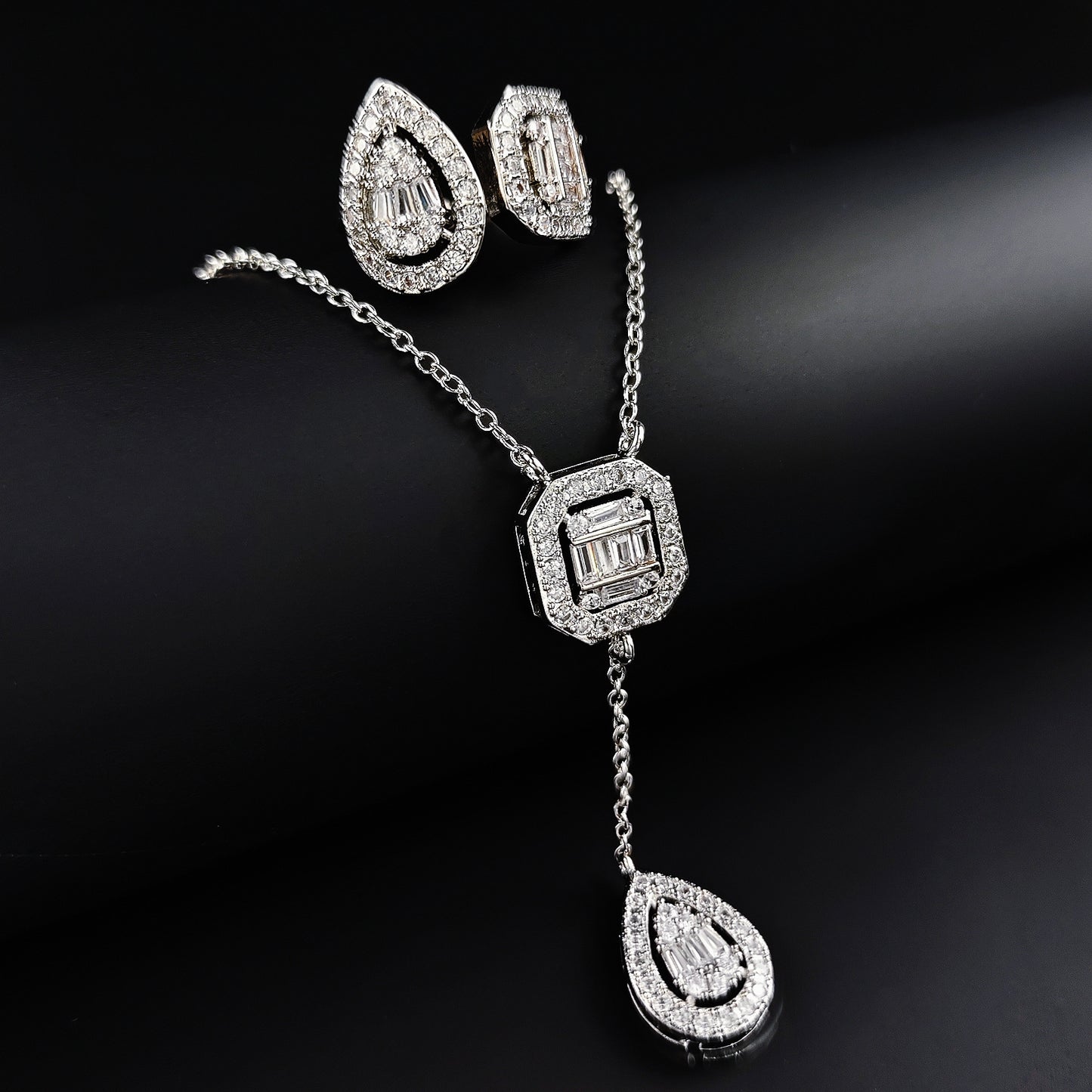 Amazon Fashion Cross-border New Square Long Zircon Earrings Ring Necklace Jewelry Three-piece Set j6138
