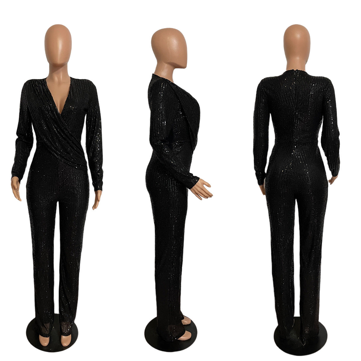 Women Jumpsuits V Neck Rompers Overalls One Piece Formal High Waist Pullover Sexy Sequins Solid Full Length Spring 2024