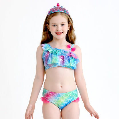 Girls' Mermaid Swimsuit Three-Piece Set Mermaid Tail Cross-Border Popular Bikini Swimsuit Beach Swimwear Shiny
