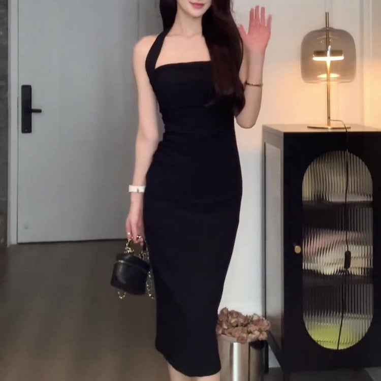 Pure Pink Neck Sling dress Women's Summer Texture French Waist Hip Mid-length Skirt Elegant