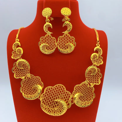Imitation gold flower necklace earrings suit Dubai India Nigeria brass gold plated women wedding jewelry lot