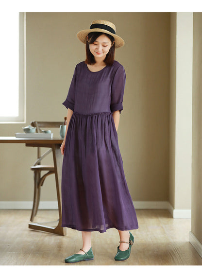 2023 New Summer Cotton Linen dress Women's High Waist Slimming Artistic Loose Retro Seven-Sleeve Round Neck Dress
