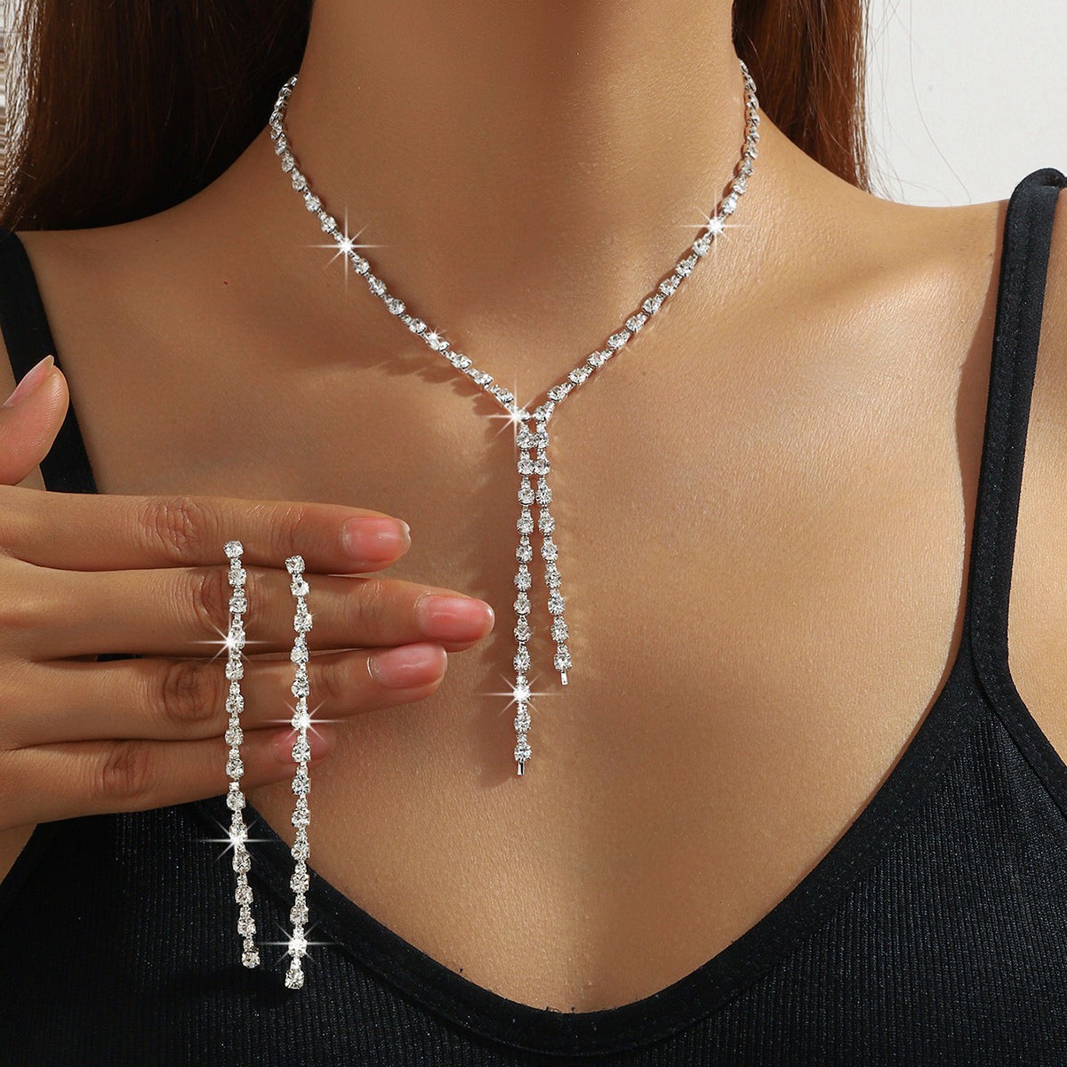 Fashion Popular Jewelry Exquisite Sparkling Rhinestone Tassel Long Necklace Earrings Set Bridal Party Jewelry