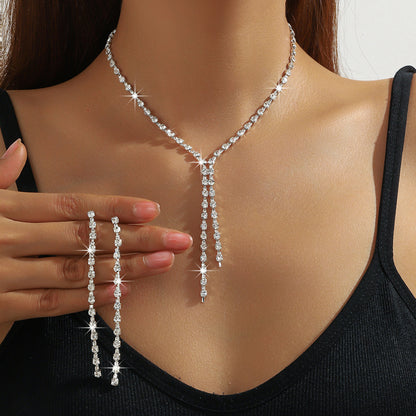 Fashion Popular Jewelry Exquisite Sparkling Rhinestone Tassel Long Necklace Earrings Set Bridal Party Jewelry