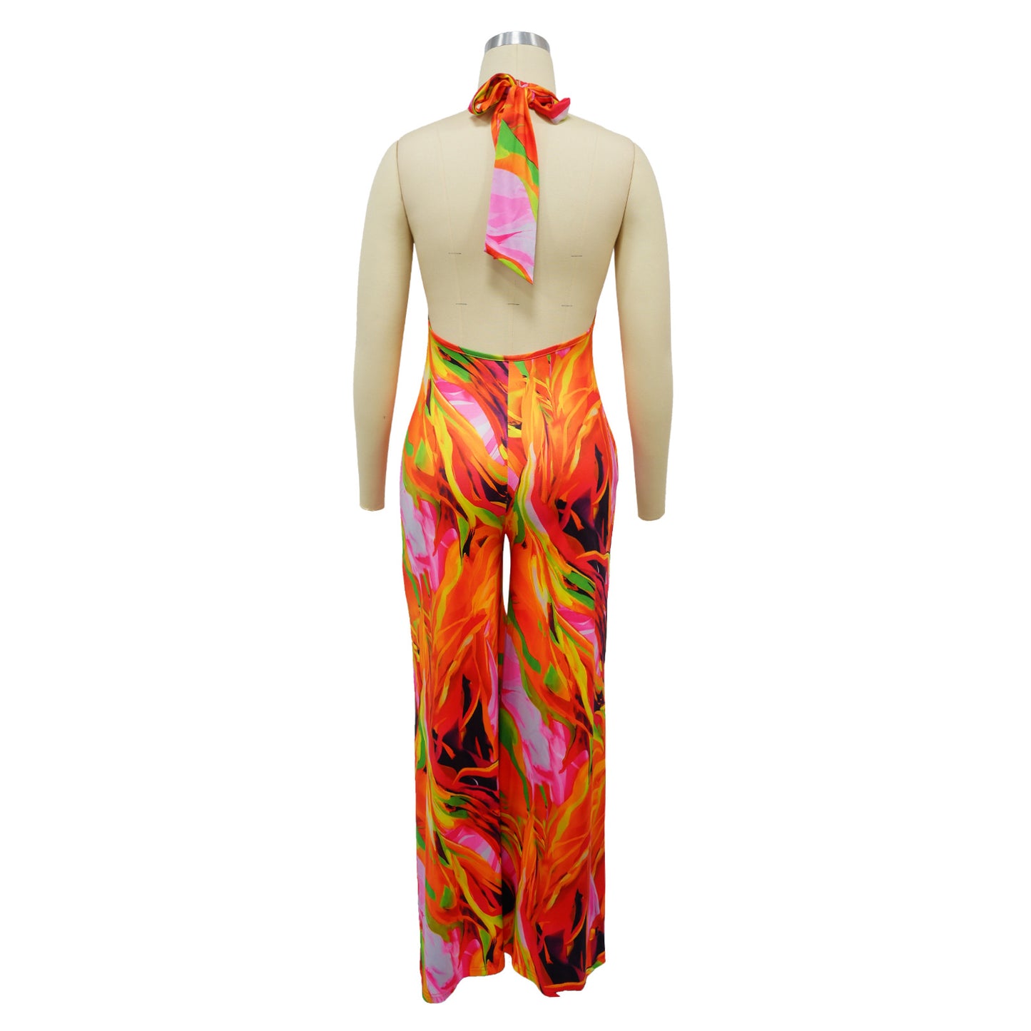 CM.YAYA Women Wide Leg V-neck Halter Sleeveless Print Jumpsuits 2024 Summer Night Club Street Playsuit One Piece Suit Rompers