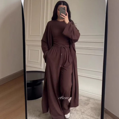 Women Cardigan Vest Wide Leg Pants 3 Piece Sets Top Long Coat Trousers Suit Office Lady Ensemble Spring Summer 2026 Outfits