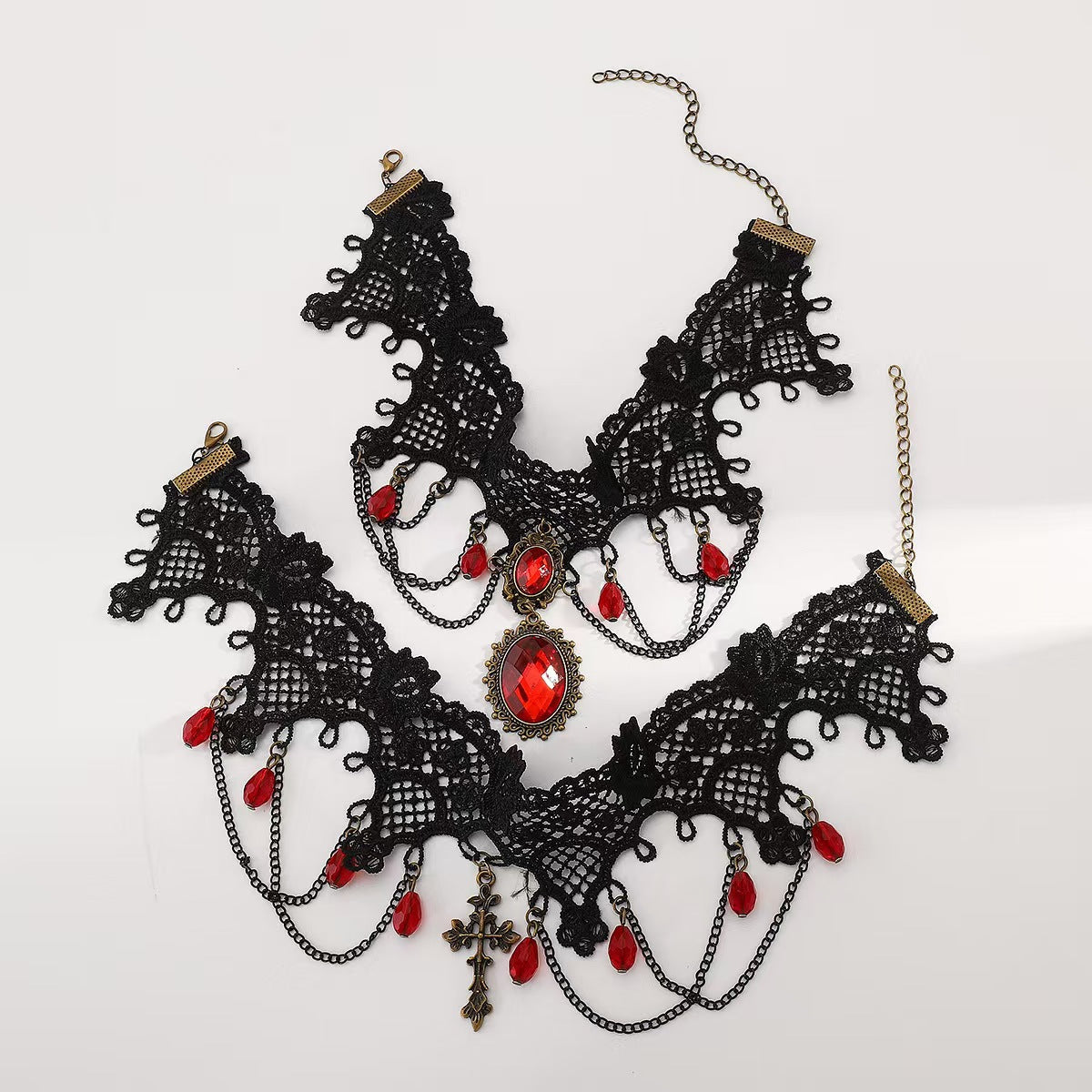 European and American Cross-Border Jewelry Gothic Style Halloween Cross Gemstone Necklace Niche Lace Tassel Necklace Accessories