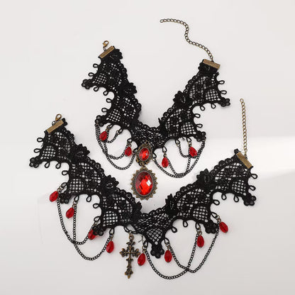 European and American Cross-Border Jewelry Gothic Style Halloween Cross Gemstone Necklace Niche Lace Tassel Necklace Accessories
