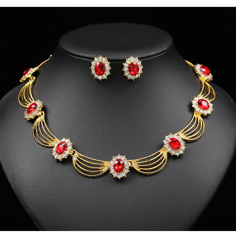 Jewelry Set, Gemstone Necklace, Literary Retro, Medieval Palace Fan-Shaped, Beautiful Popular Necklace, Earrings Set