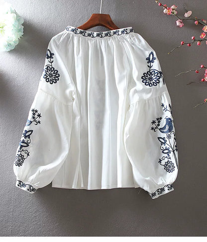 European Station Fashion Ethnic Style Lantern Sleeve Cotton Linen Long Sleeve Heavy Industry Embroidered Loose Casual Shirt Women's Autumn Top