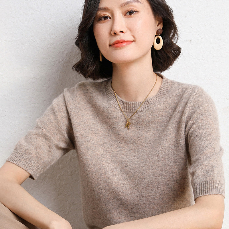 2025 Spring and Summer New Style Knitted Short-Sleeved Women's Round Neck Bottoming Knitted Pullover Half-Sleeved Sweater Loose Bottoming Sweater