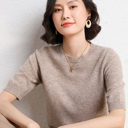 2025 Spring and Summer New Style Knitted Short-Sleeved Women's Round Neck Bottoming Knitted Pullover Half-Sleeved Sweater Loose Bottoming Sweater
