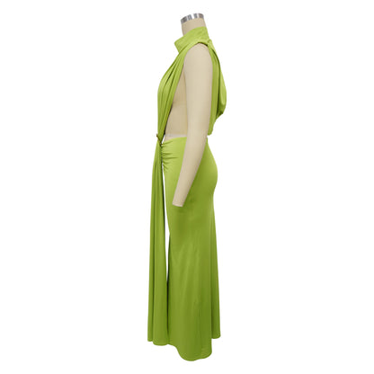 CM.YAYA Women O-neck High Split Ruched Stacked Bodycon Midi Maxi Dress 2024 Evening Party Club Vestidos Sexy Chic Long Dresses