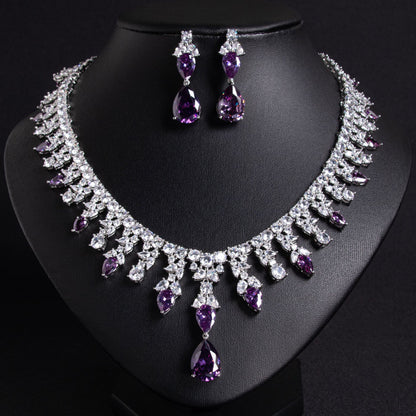 Luxury Dinner Dress Jewelry Red Zircon Necklace suit High-end Wedding Micro-inlay Bridal Wedding Earrings Jewelry