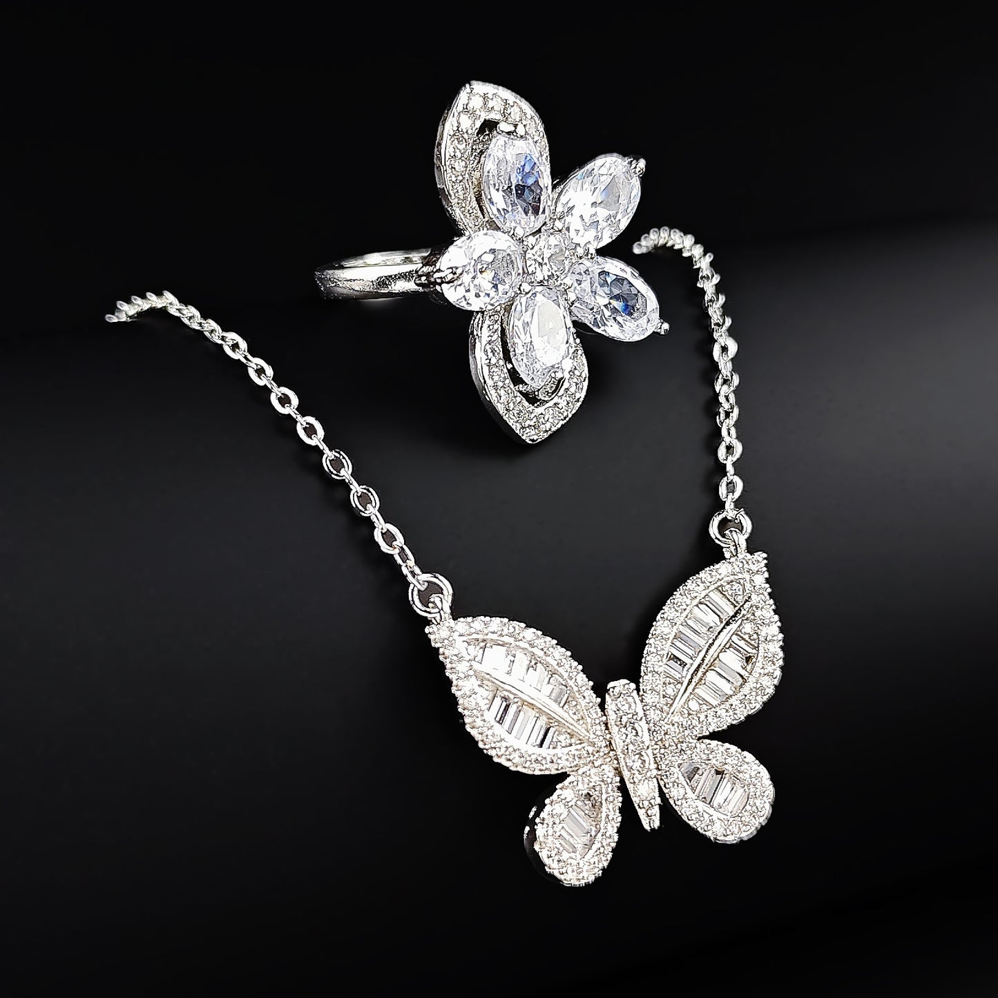 Chinese Valentine's Day Jewelry Set Two-Piece Set Female Butterfly Element Ring Necklace Niche R4204-X5659