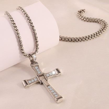 Cross-Border New Hot-Selling Fashion Personality Hip-Hop Stainless Steel Diamond Cross Pendant Necklace High-End Versatile Jewelry