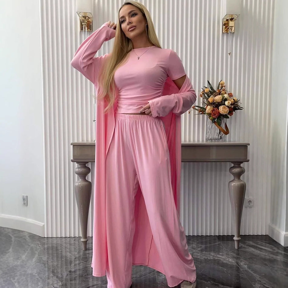 Women Cardigan Vest Wide Leg Pants 3 Piece Sets Top Long Coat Trousers Suit Office Lady Ensemble Spring Summer 2026 Outfits