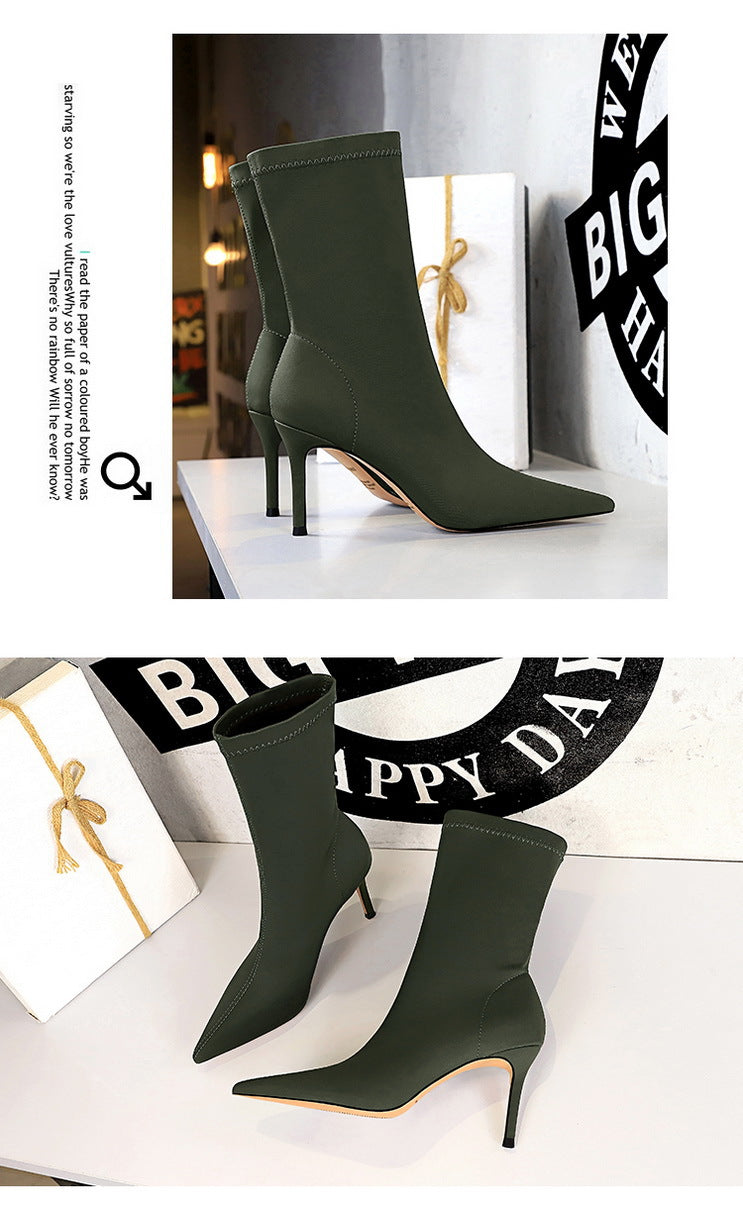 BIGTREE Shoes Stiletto Sexy Elastic Boots Women Shoes Sexy Stretch Fabric Ankle Boots Pointed Tip High Heels Boots Plus Size 43