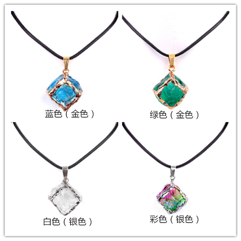 Imitation Crystal Rough Stone Square Electroplated Colorful Pendant Artificial Crystal Sugar Cube Necklace DIY Jewelry Pendant
