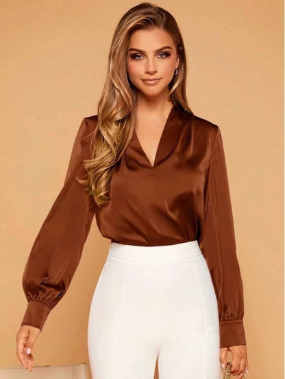 Amazon's Popular European and American V Neck Shirt Tops Spring and Summer Wish Aliexpress Ebay Long-Sleeved Satin Shirt