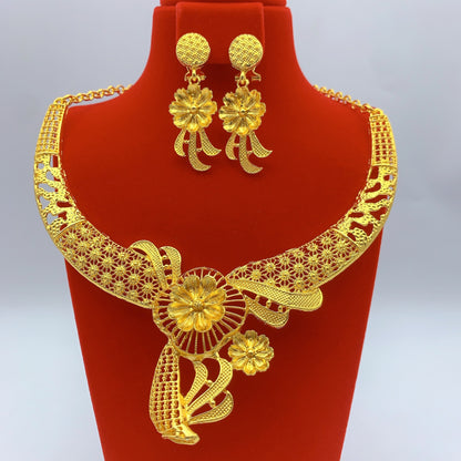 Imitation gold flower necklace earrings suit Dubai India Nigeria brass gold plated women wedding jewelry lot