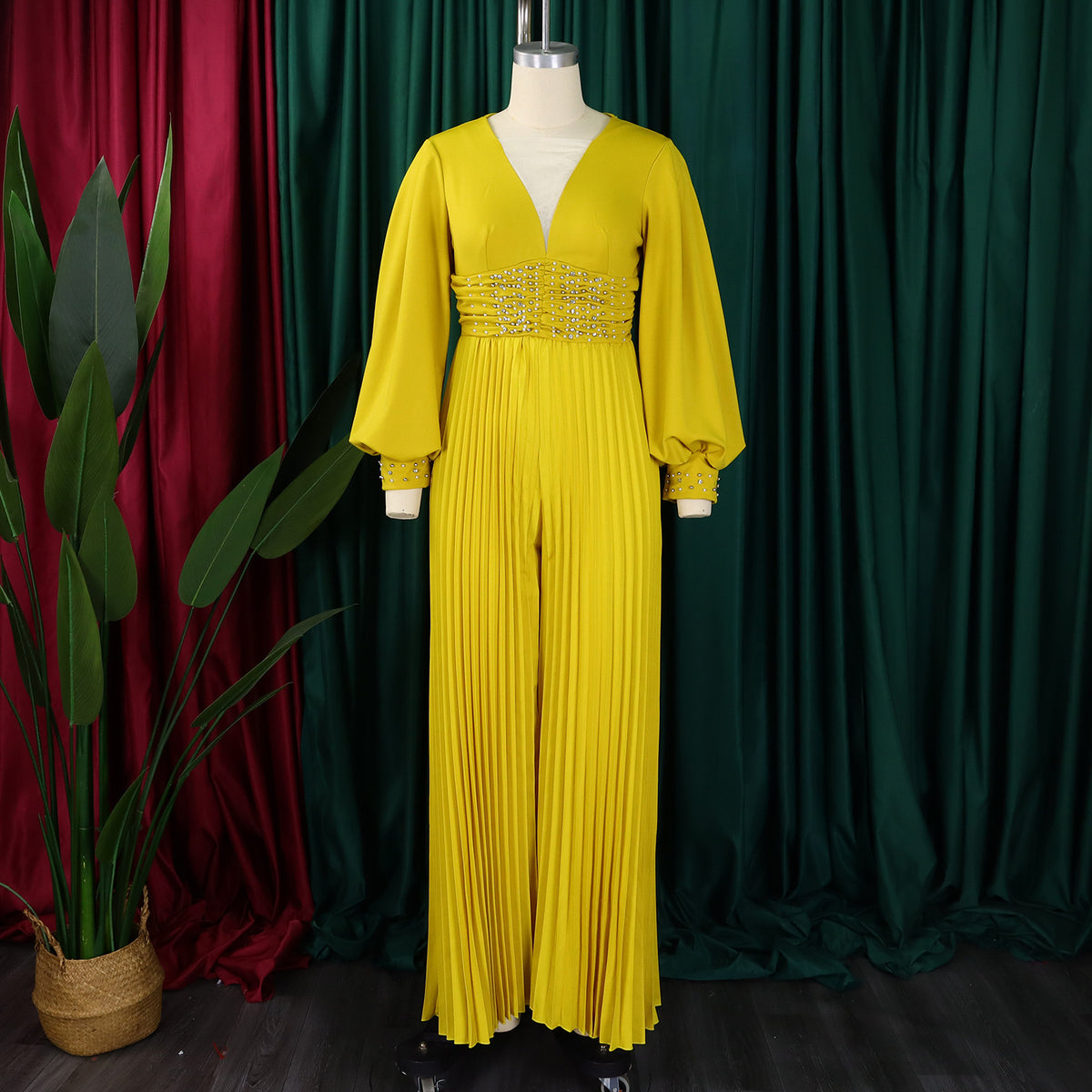 CM.YAYA Women Diamonds Long Sleeve Pleated V-neck Wide Leg Long Jumpsuits Party Beach Fashion Street Sexy Africa Outfit Rompers