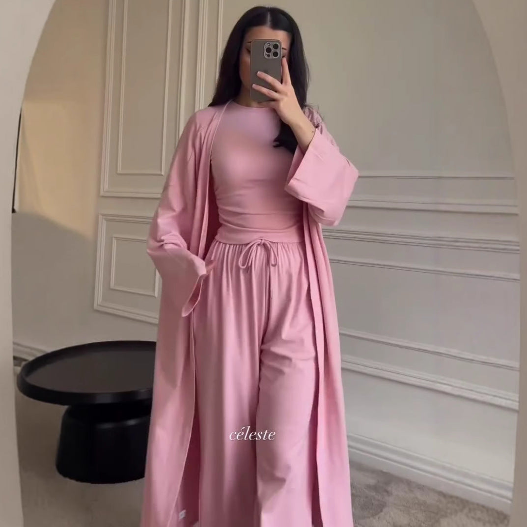 Women Cardigan Vest Wide Leg Pants 3 Piece Sets Top Long Coat Trousers Suit Office Lady Ensemble Spring Summer 2026 Outfits