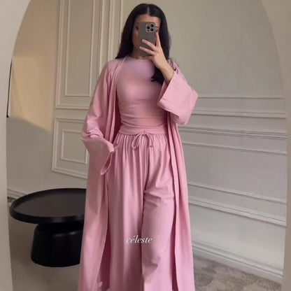 Women Cardigan Vest Wide Leg Pants 3 Piece Sets Top Long Coat Trousers Suit Office Lady Ensemble Spring Summer 2026 Outfits