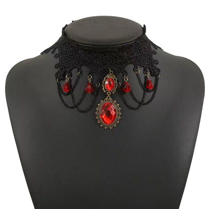 European and American Cross-Border Jewelry Gothic Style Halloween Cross Gemstone Necklace Niche Lace Tassel Necklace Accessories