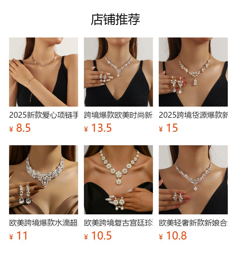 Cross-Border Popular European and American New Bridal Jewelry Wedding Dress Necklace Jewelry Set Women's Rhinestone Jewelry Dress