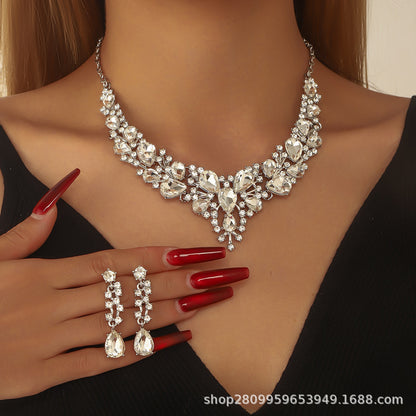 Cross-Border Amazon Jewelry Set Bridal Crystal Accessories Necklace Earrings Two-Piece Set Wedding Dress Women's