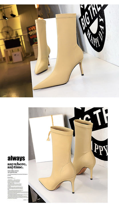 BIGTREE Shoes Stiletto Sexy Elastic Boots Women Shoes Sexy Stretch Fabric Ankle Boots Pointed Tip High Heels Boots Plus Size 43