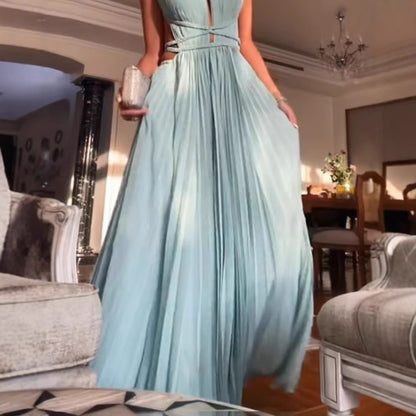 25 Summer New Amazon Cross-border Hot Sale Pleated Lace-up Sleeveless Backless Solid Color Slim-fit Large dress