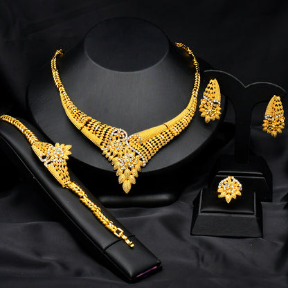 24K Gold Dubai Explosions Bride Four-piece Flower Rhinestone Jewelry Alloy Necklace Bracelet Earrings Ring