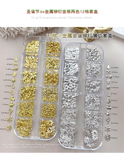 Christmas Rivet Nail Art Jewelry Long Box Special-Shaped Snowflake Alloy Flats Bottom Diamond Metal Nail Jewelry Stickers 12 Grids