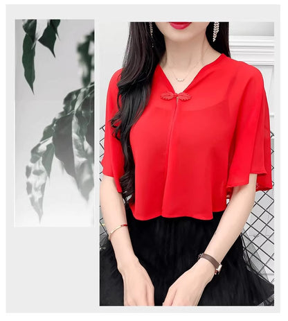Thin Small Shawl Summer Dress with Sling Skirt Air-conditioning Shirt Women's Cardigan Outer Chiffon Ethnic Style Silver Buckle Small Coat