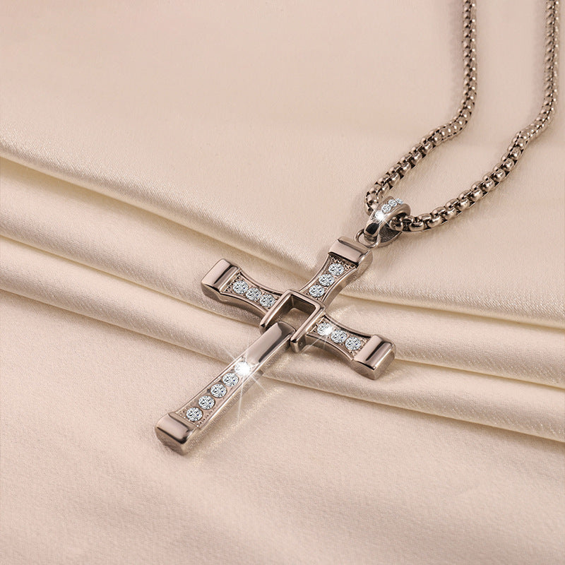 Cross-Border New Hot-Selling Fashion Personality Hip-Hop Stainless Steel Diamond Cross Pendant Necklace High-End Versatile Jewelry