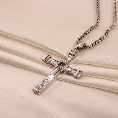 Cross-Border New Hot-Selling Fashion Personality Hip-Hop Stainless Steel Diamond Cross Pendant Necklace High-End Versatile Jewelry