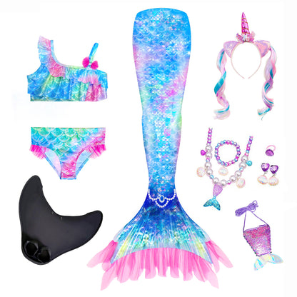 Girls' Mermaid Swimsuit Three-Piece Set Mermaid Tail Cross-Border Popular Bikini Swimsuit Beach Swimwear Shiny