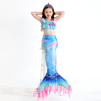 Girls' Mermaid Swimsuit Three-Piece Set Mermaid Tail Cross-Border Popular Bikini Swimsuit Beach Swimwear Shiny