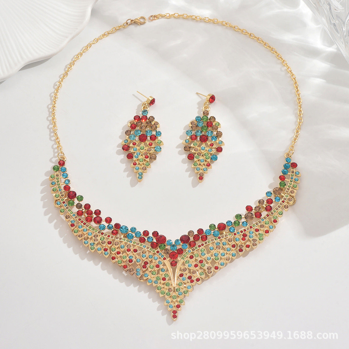 2024 New Exquisite Rhinestone Necklace Earrings Set Party Dress Wedding Accessories Alloy Cross-border Jewelry Supply