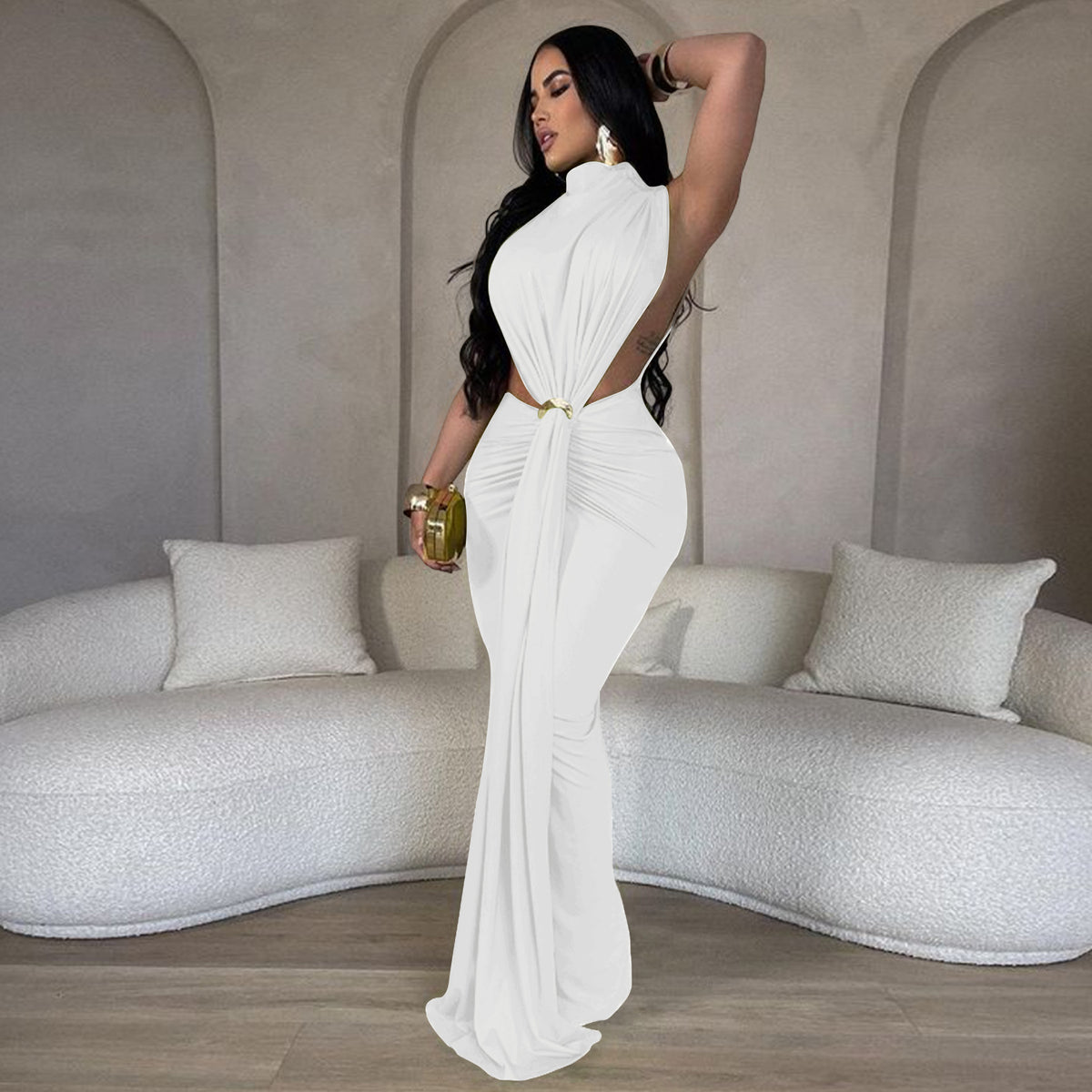 CM.YAYA Women O-neck High Split Ruched Stacked Bodycon Midi Maxi Dress 2024 Evening Party Club Vestidos Sexy Chic Long Dresses