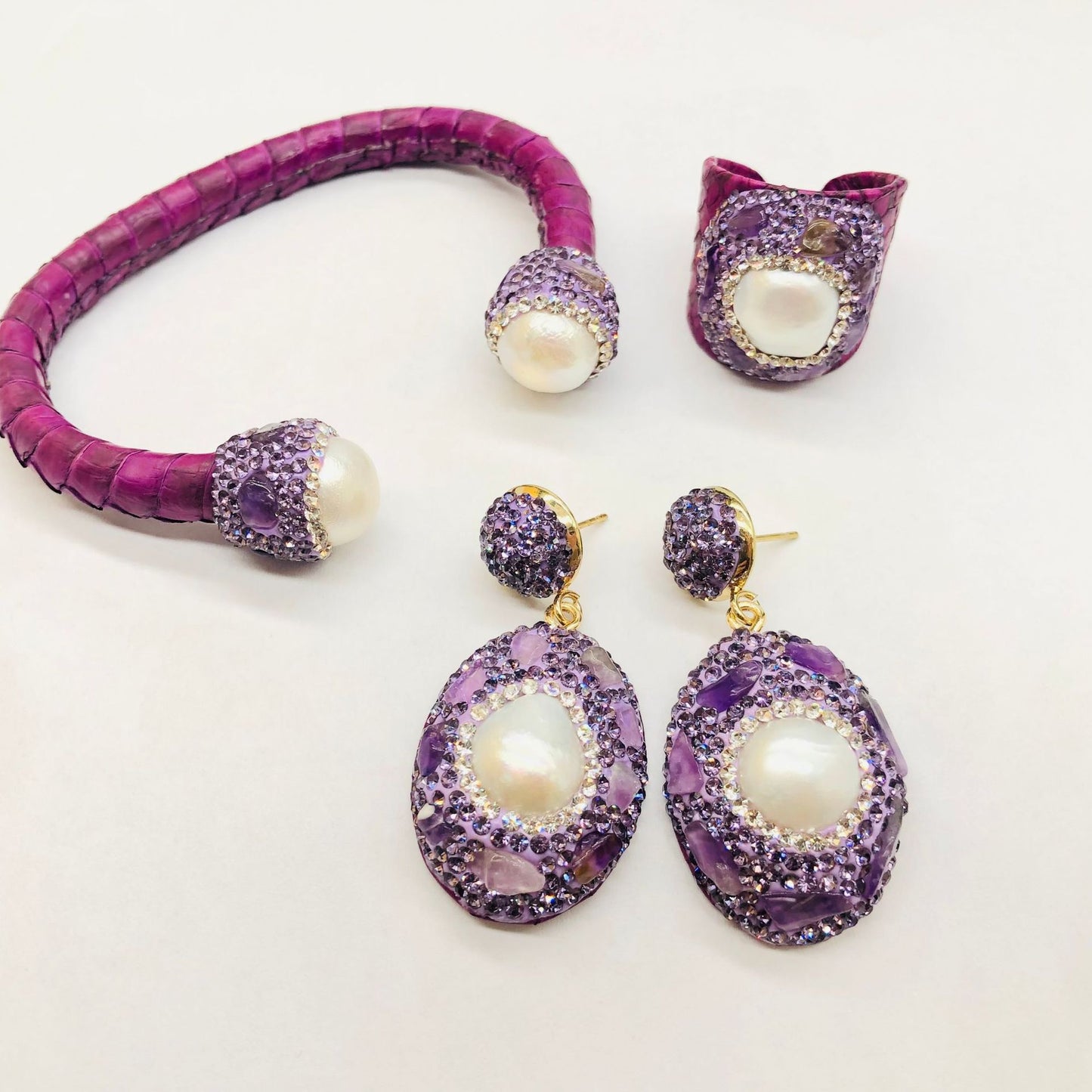 Purple Snakeskin Pearl Jewelry suit Ring Earrings Bracelet Women's Handmade Inlaid Amethyst Diamond Personality Fashion