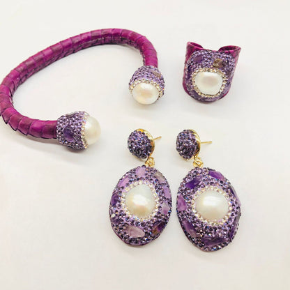 Purple Snakeskin Pearl Jewelry suit Ring Earrings Bracelet Women's Handmade Inlaid Amethyst Diamond Personality Fashion