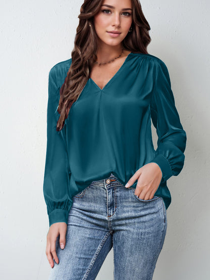 2026 Amazon Hot-Selling Women's Clothing Satin Pleated Long-Sleeve Top V-Neck Casual Loose Satin Commuter Shirt